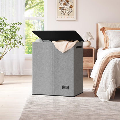 SOLEDI Double Laundry Hamper with Lid and Removable bag, Large Laundry Basket 2 Section with handles, Collapsible Dirty Clothes Hampers for Laundry, Bedroom, Dorm, College