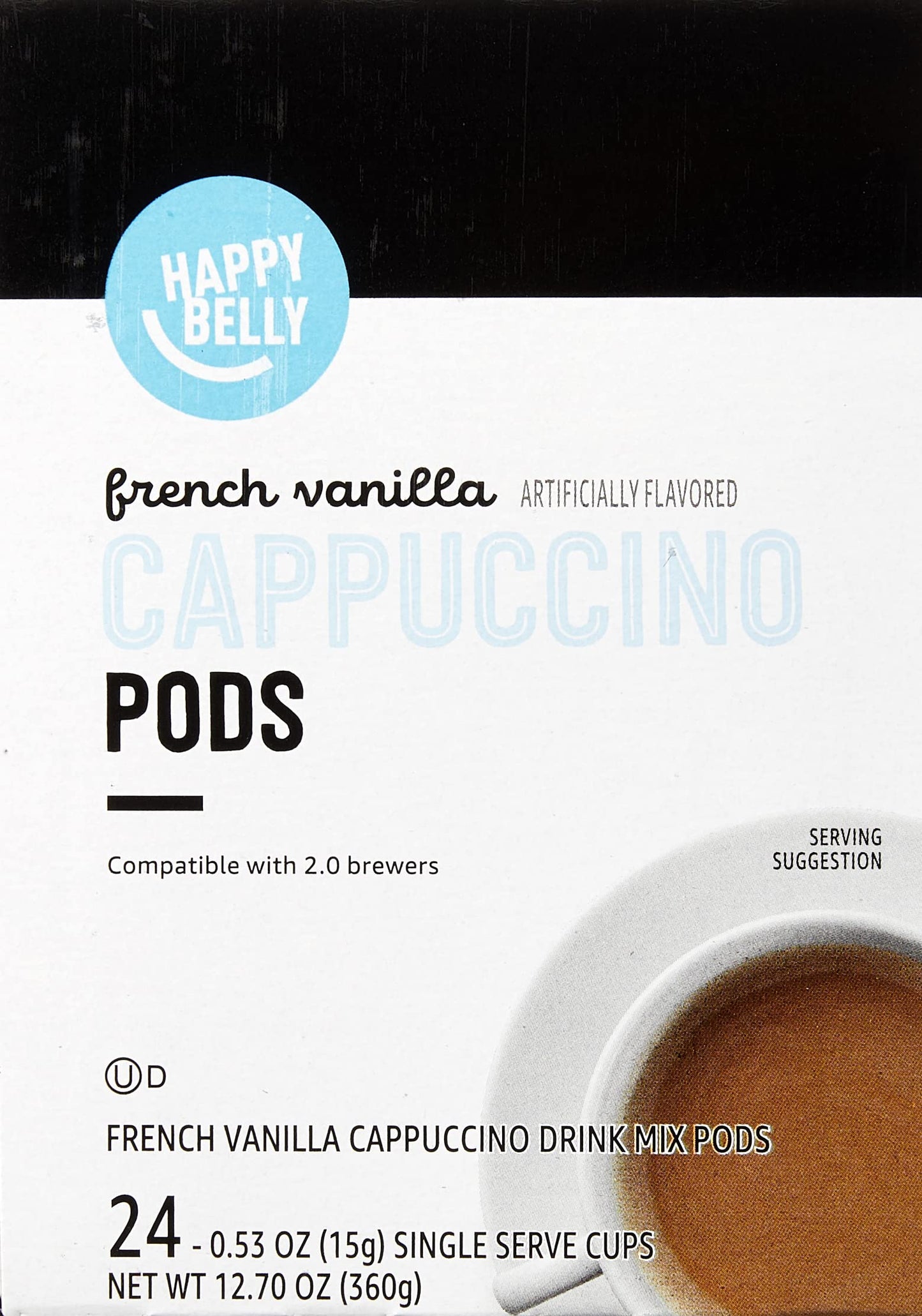 Amazon Brand - Happy Belly Cappuccino Coffee Pods Light Roast Compatible with 2.0 K-Cup Brewers, French Vanilla Flavored, 24 Count, 1.5 pound (Pack of 1)
