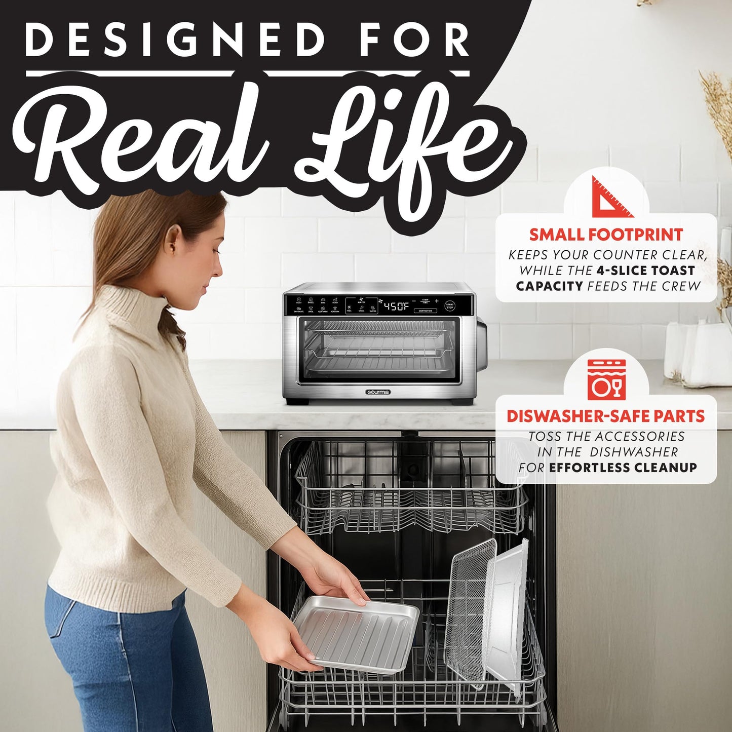Gourmia Toaster Oven Digital Air Fryer - Convection Mode with 4 Slice Capacity, 3 Rack Positions, 12 Presets, Toast, Bagel, Bake, Roast, Broil, Dehydrate, Popcorn, Fits 9" Pizza, Stainless Steel