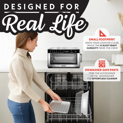 Gourmia Toaster Oven Digital Air Fryer - Convection Mode with 4 Slice Capacity, 3 Rack Positions, 12 Presets, Toast, Bagel, Bake, Roast, Broil, Dehydrate, Popcorn, Fits 9" Pizza, Stainless Steel