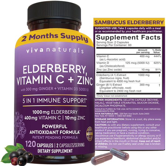 Viva Naturals Elderberry with Vitamin C and Zinc for Adults - 5 in 1 Sambucus Black Elderberry Capsules with Vitamin D3 5000 IU Immunity Supplement, Sambucus Elderberry Immune Support Supplement