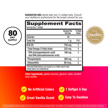 MegaRed Antarctic Krill Oil 750mg, Omega 3 Fatty Acid Supplement, Ultra Concentrate EPA & DHA Softgels, Antioxidant Astaxanthin, Heart Health Supplement with No Fish Oil Aftertaste, 80ct