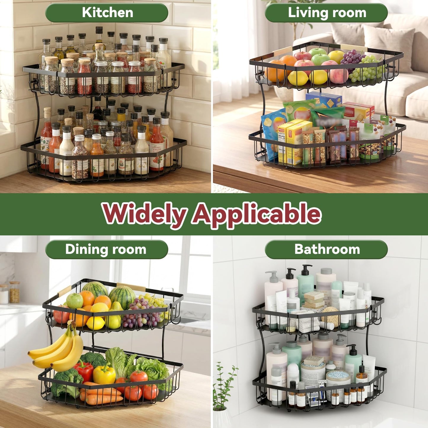 Tequie 2 Tier Fruit Basket for Kitchen Counter - Detachable Metal Fruit Bowl with 2 Banana Hangers for Corner , Large Capacity Fruit Stand with Wooden Handle for Bread Fruit and Vegetable Storage