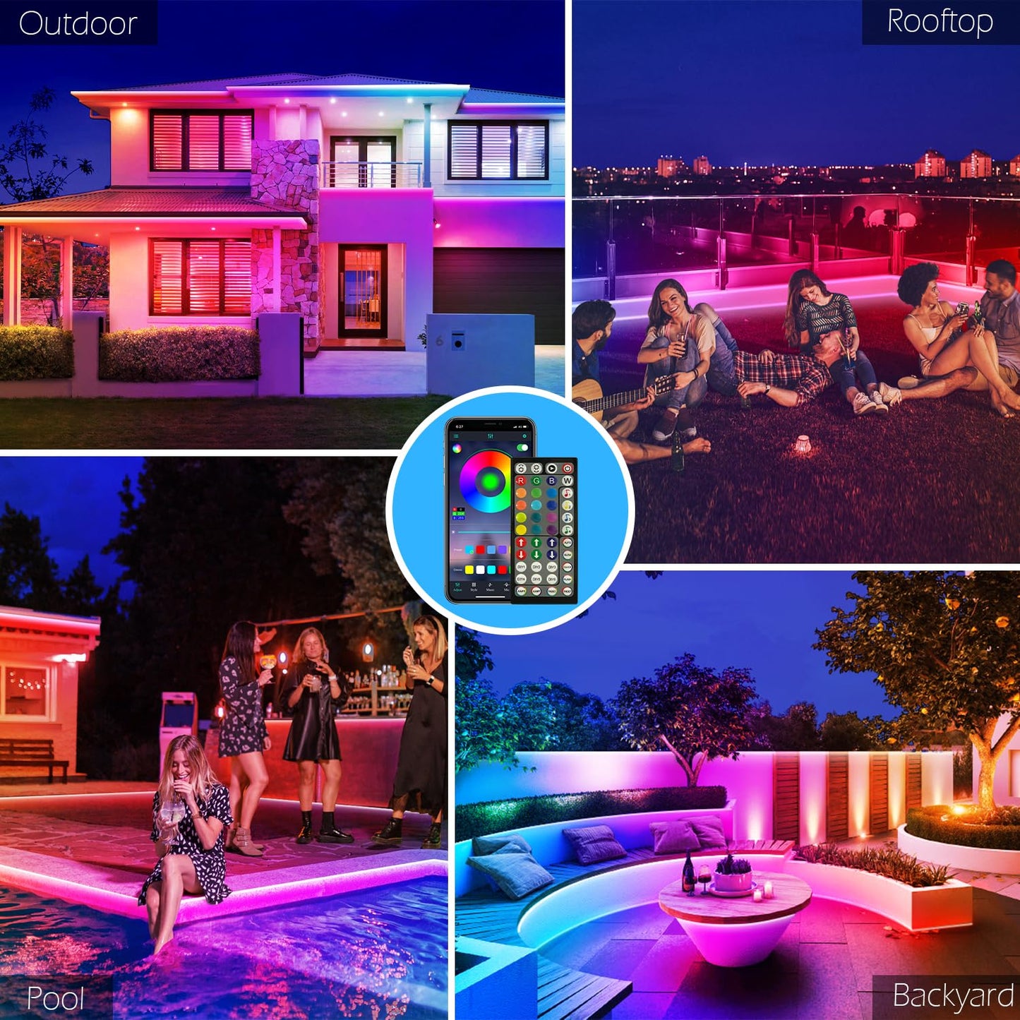 FBZ 60Ft Outdoor Waterproof LED Strip Lights,Music Sync RGB IP65 Led Lights with App Control and Remote,Color Changing Waterproof Led Rope Lights for Outdoor,Balcony,Roof,Garden,Stairs Party (60FT)