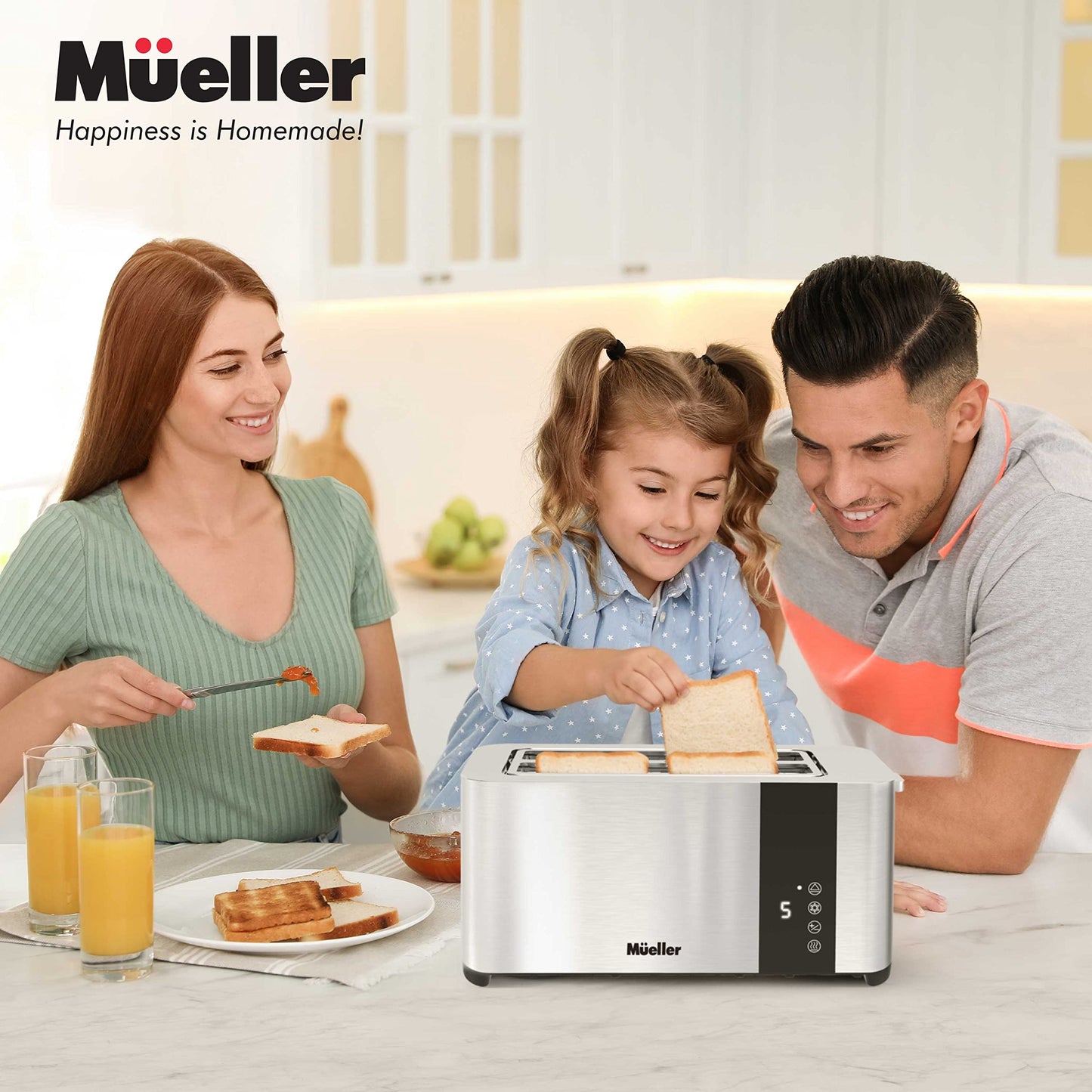 Mueller UltraToast Full Stainless Steel Toaster 4 Slice, Long Extra-Wide Slots with Removable Tray, Cancel/Defrost/Reheat Functions, 6 Browning Levels with LED Display, Kitchen Essentials & Gadgets