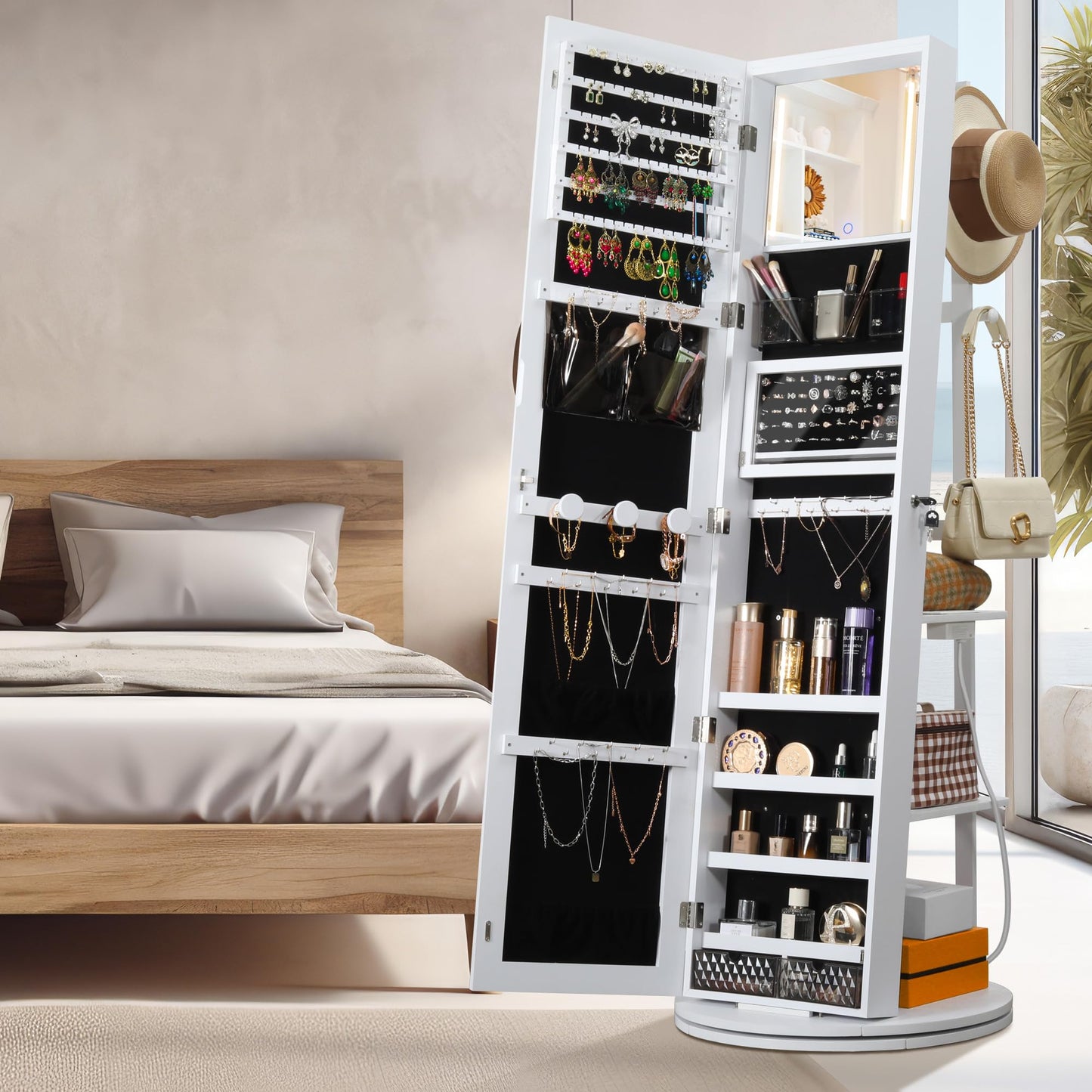 IRONCK 360° Swivel Mirrored Jewelry Cabinet with Full-Length Mirror, Charging Station, Lockable Standing Jewelry Organizer with Rear Storage Shelves, Interior Mirror, LED Lights, White