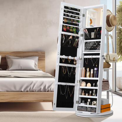 IRONCK 360° Swivel Mirrored Jewelry Cabinet with Full-Length Mirror, Charging Station, Lockable Standing Jewelry Organizer with Rear Storage Shelves, Interior Mirror, LED Lights, White