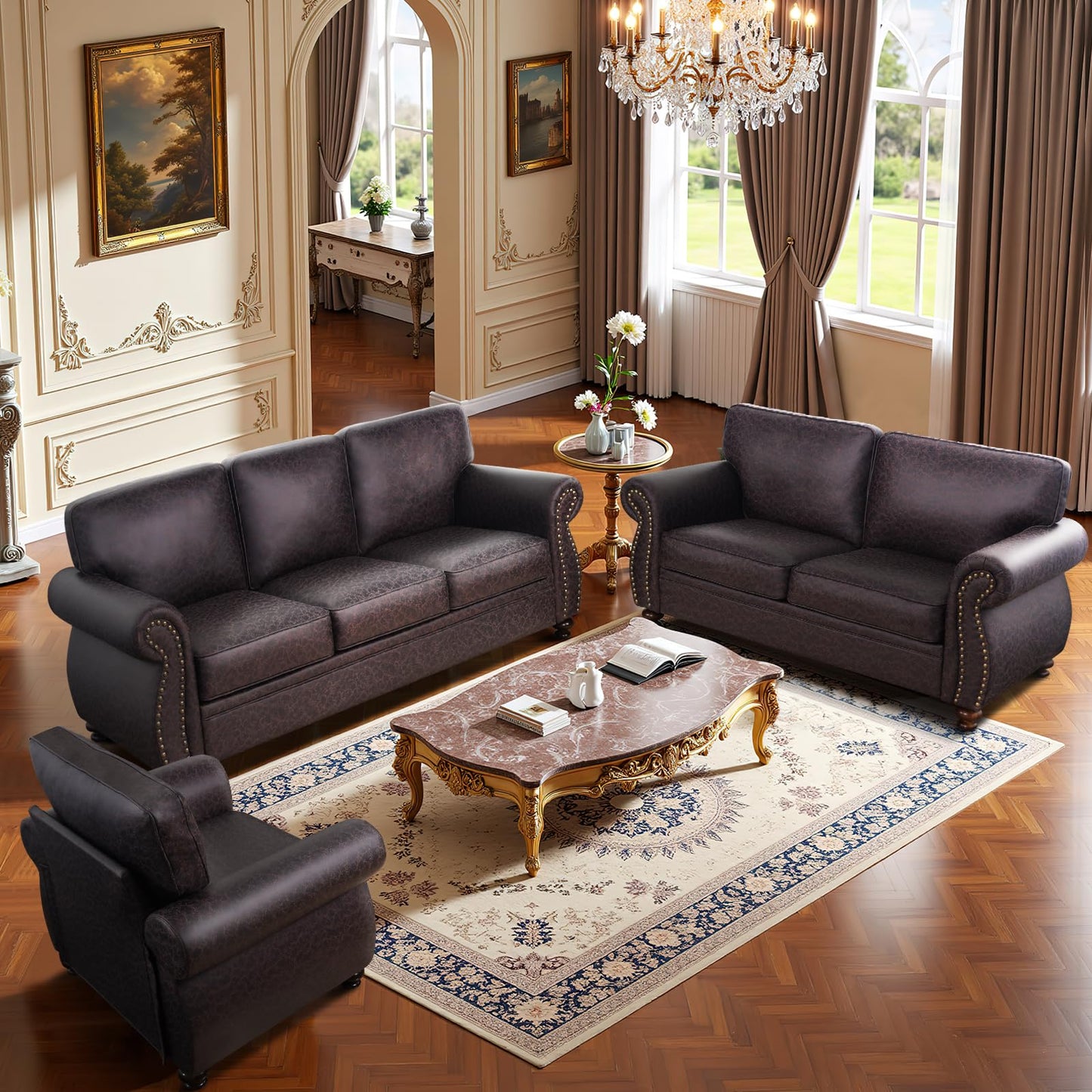 Couchus Living Room Furniture Sets,Sofa Sets and Couch Sets for Living Room,Mid-Century Vintage Sofa Couches with Rivet Design (Brown, Single+Loveseat+3 Seater)