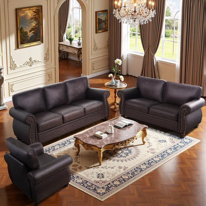Couchus Living Room Furniture Sets,Sofa Sets and Couch Sets for Living Room,Mid-Century Vintage Sofa Couches with Rivet Design (Brown, Single+Loveseat+3 Seater)