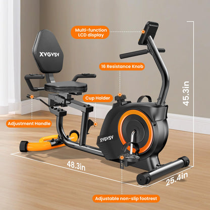 Recumbent Exercise Bike for Home Use, Quiet Recumbent Stationary Bikes for Adults & Seniors, 16-Level Resistance, Adjustable Seat, Supports 400LB, Pulse Sensors & LCD Display