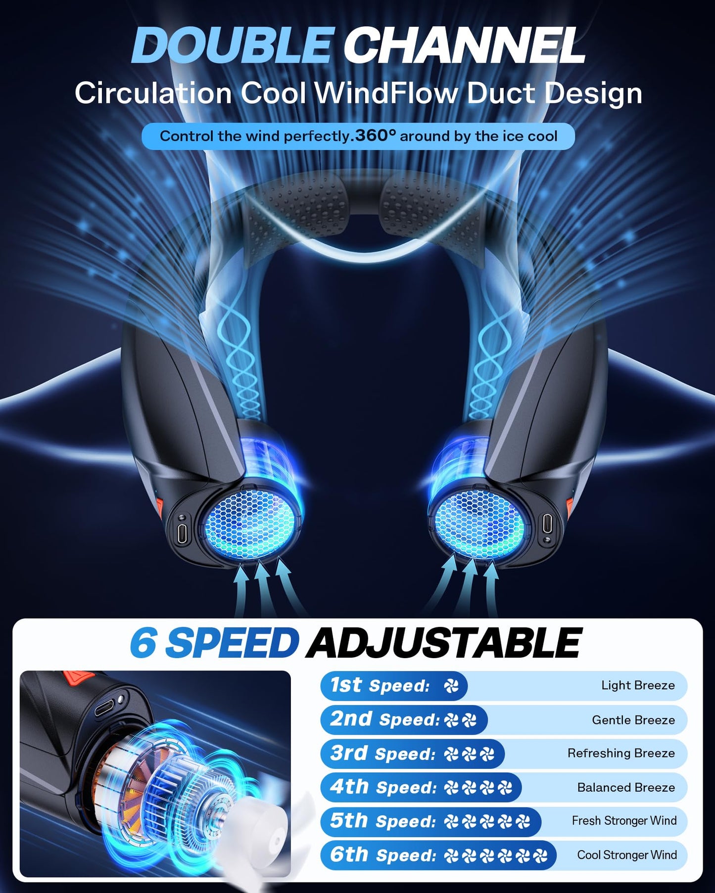 laimiod Portable Neck Fan - with LED Book Light, 6-20 Hrs Long Battery, 6-Speed Adjustable, USB-C Rechargeable, Ultra Quiet, Hands-Free Personal Cooling for Men Women Outdoor Indoor