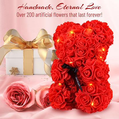 Otlonpe Cute Bear Rose Flower with Light | Women Gifts & Indoor Table Decorations for Christmas, Valentines, Mothers Day, Birthday, Anniversary | Handmade Gifts for Women Mom Wife Girlfriend (Red)