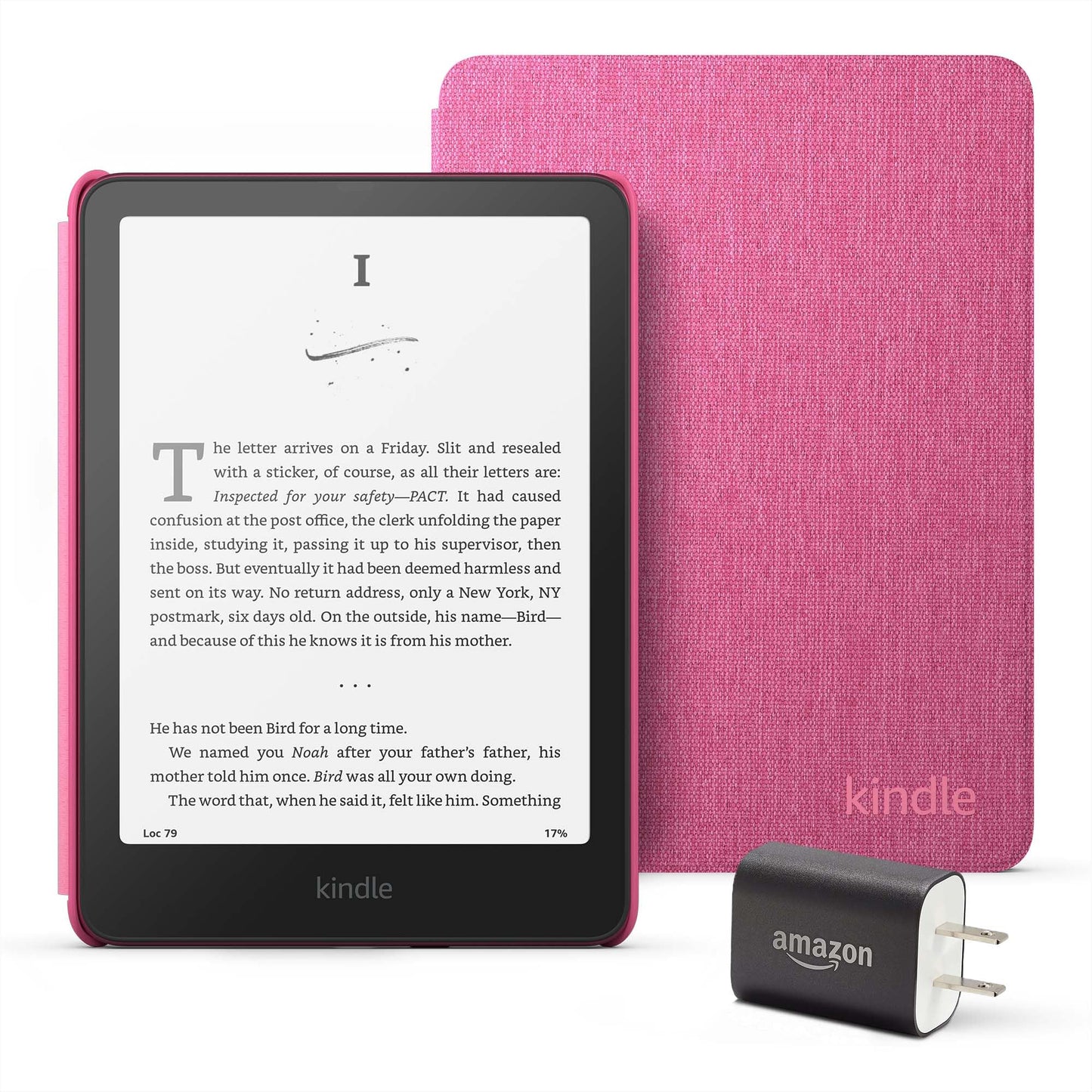 Kindle Paperwhite Essentials Bundle including All-new Kindle Paperwhite (16GB) - Raspberry, Fabric Cover - Raspberry, and Power Adapter