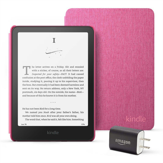 Kindle Paperwhite Essentials Bundle including All-new Kindle Paperwhite (16GB) - Raspberry, Fabric Cover - Raspberry, and Power Adapter