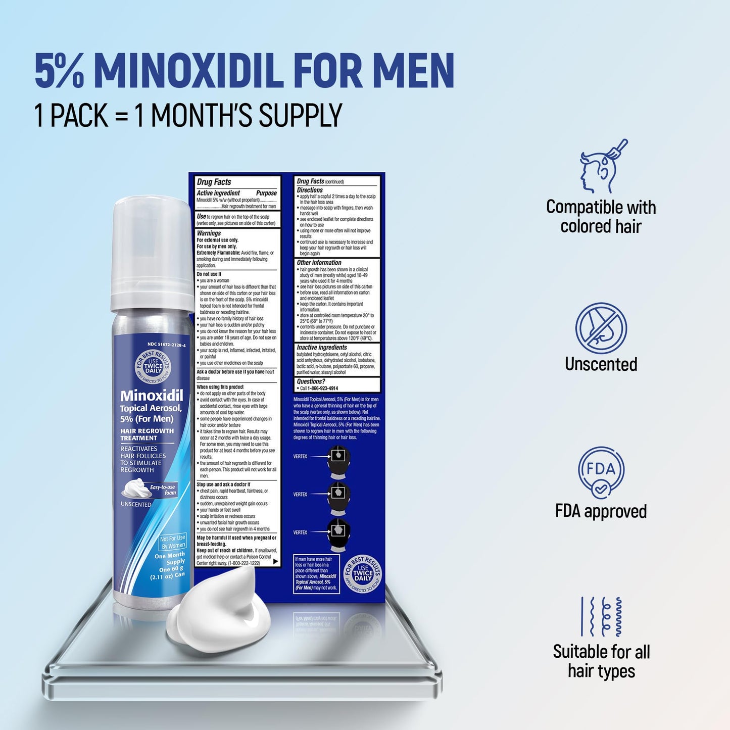 Minoxidil Topical Aerosol Foam, 5%, Hair Regrowth 4 Months Treatment for Men, 2.11 oz (4 Pack)