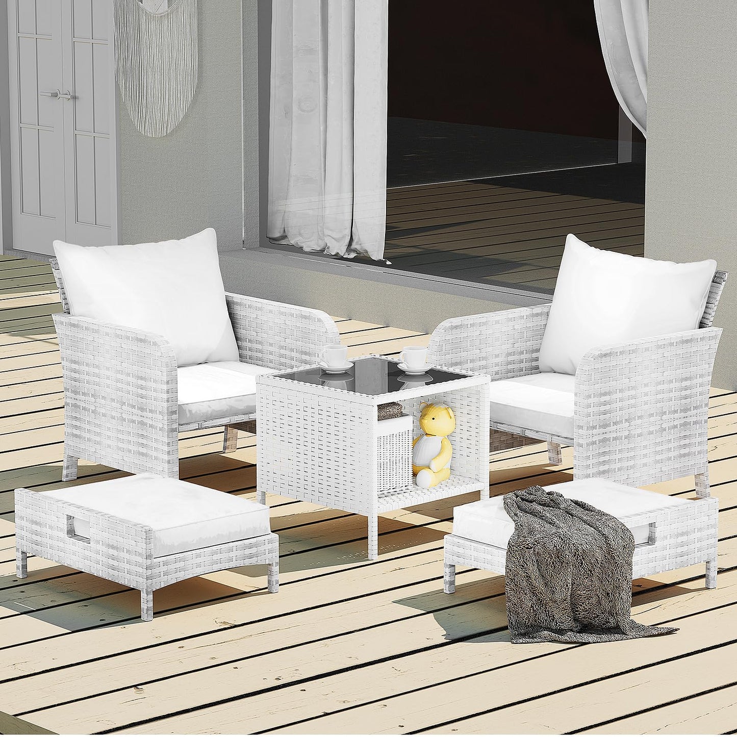 LEVELEVE Balcony Furniture 5 Piece Patio Conversation Set, PE Wicker Rattan Outdoor Lounge Chairs with Soft Cushions 2 Ottoman&Glass Table for Porch, Lawn-Grey Wicker