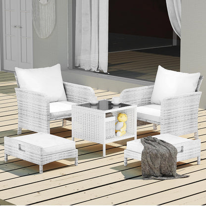 LEVELEVE Balcony Furniture 5 Piece Patio Conversation Set, PE Wicker Rattan Outdoor Lounge Chairs with Soft Cushions 2 Ottoman&Glass Table for Porch, Lawn-Grey Wicker