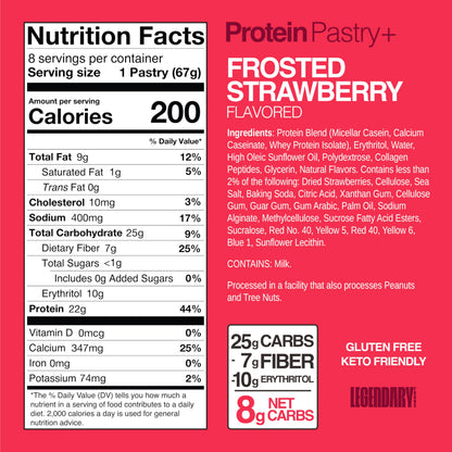 Legendary Foods 22g Protein Pastry+ Strawberry Low Carb Meal Replacement Bar, Low Glycemic, Gluten Free Protien Snacks - Healthy Keto Snack Box, 8x Zero Sugar Energy Bars - Bariatric Diabetic Friendly