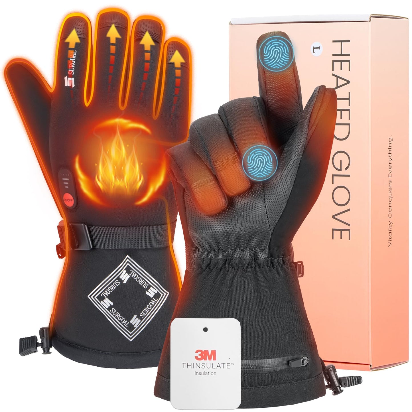 SURGOAL Heated Gloves Men, 8-Hour Runtime & 7.4V Rechargeable Battery Hand Warmer Gloves Women, Waterproof & Touchscreen Electric Gloves for Winter, Hunting, Motorcycle, Skiing, Work (PU-Black, S)