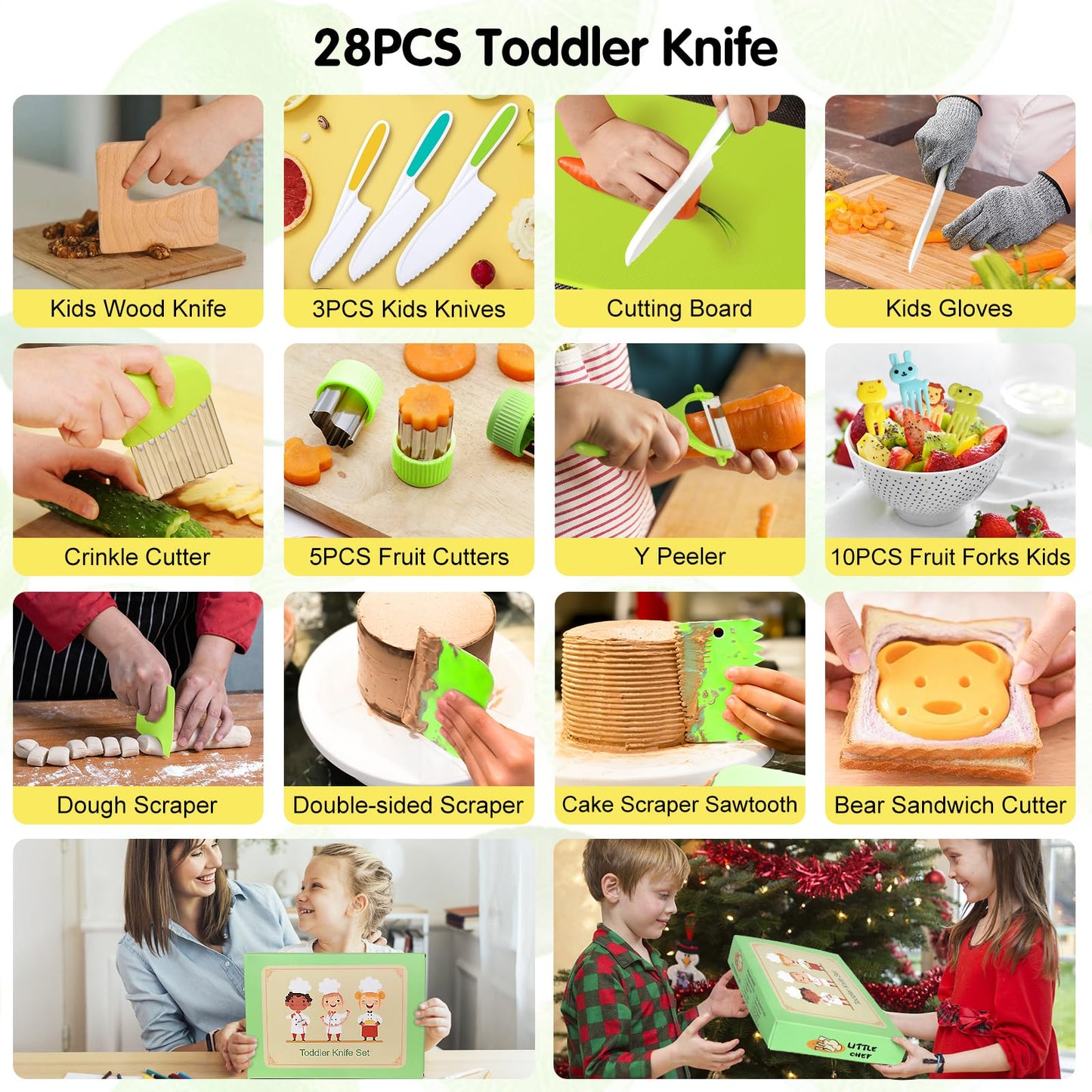 28PCS Toddler Knife Set - Kids Knifes for Real Cooking, Montessori Kids Kitchen Knife Set with Cutting Board Crinkle Cutters Kid Safe Knives, Toddlers Kitchen Tools for Age 2-10 Year Old Girl Boy