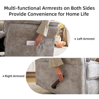 Rhevoy Oversized Glider Rocker Recliner, 26" Extra Wide 360° Swivel Nursery Recliner with Adjustable Headrest, Chenille Rocking Nursery Chair with Overstuffed Armrest, Lumbar Support, Light Grey