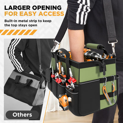 Goovilla Tool Bag 15.5 Inch with 1 Pouch | 17-Pocket Portable Tool Box Organizer Storage with Adjustable Strap, Soft Handle and Durable Zipper | Heavy Duty Tool Bags for Men, Father’s Day (Green)