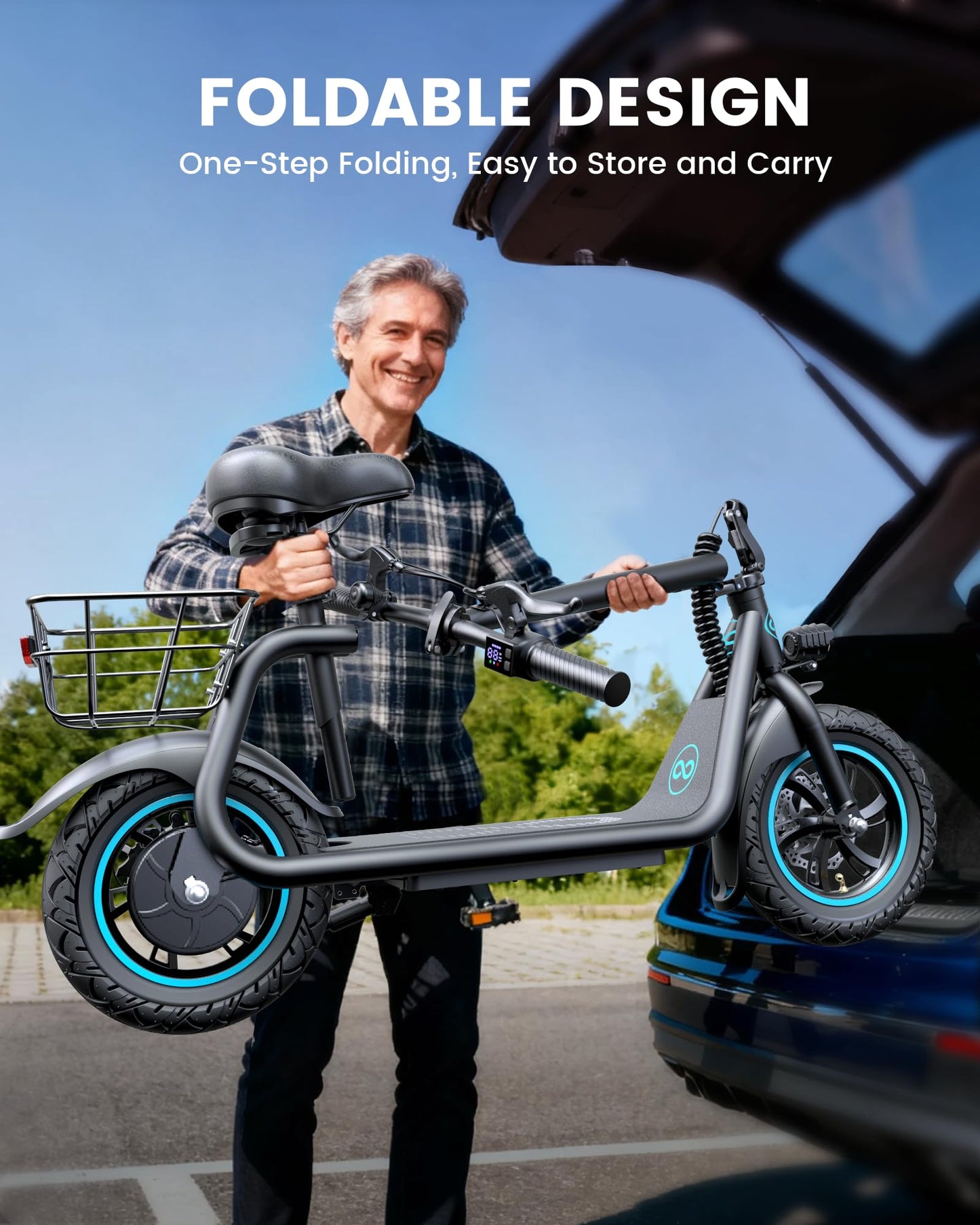 AWWSCOOTER C1 Electric Scooter with Seat for Adults, 450W Powerful Motor, 20 Mile Long Range, 16 Mph Foldable Commuter E-Scooter with Basket for Daily Commute, Grocery, or Pet Travel – Classic Black