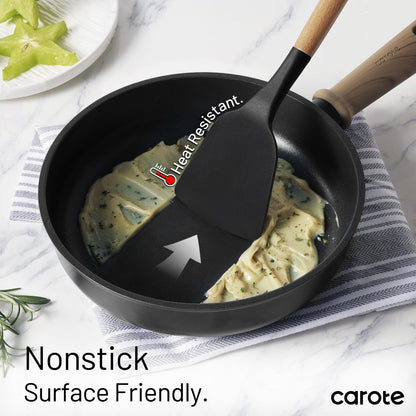 CAROTE 16 Pieces Kitchen Utensils Set, Silicone Cooking Utensils Set with Wooden Handle, Stainless Steel Knife Set with Block, Kitchen Utensil Gadgets Cutlery with Anti-slip Handle, Black