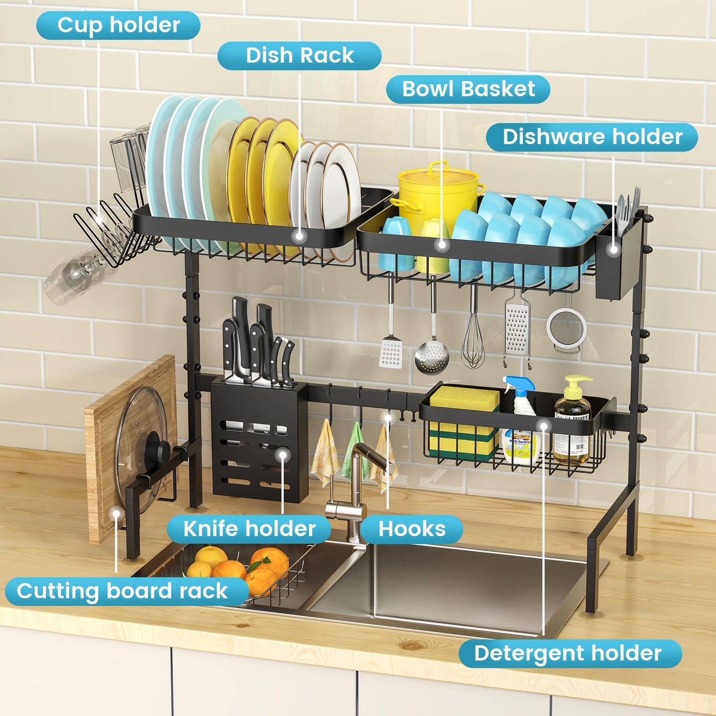 MERRYBOX Over The Sink Dish Drying Rack Adjustable Length (25-33in), 2 Tier Dish Rack Over Sink with Multiple Baskets Utensil Holder Cup Holder, Large Dish Rack for Kitchen Sink Organizer