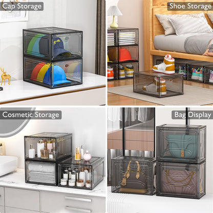 12 Pack Clear Shoe Storage Organizer with Magnetic Door, Stackable Plastic Shoe Boxes for Sneakers, Boots, and Heels, Space-Saving Foldable Shoe Rack for Closet, Durable Shoe Cabinet Organizer, Black