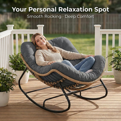 SWITTE Outdoor Rocking Chair, Oversized Patio Papasan Rocker, Comfy Wicker Reading Lounge, Indoor Egg Chair for Bedroom, Living Room, Porch, Garden, Lawn-Dark Grey