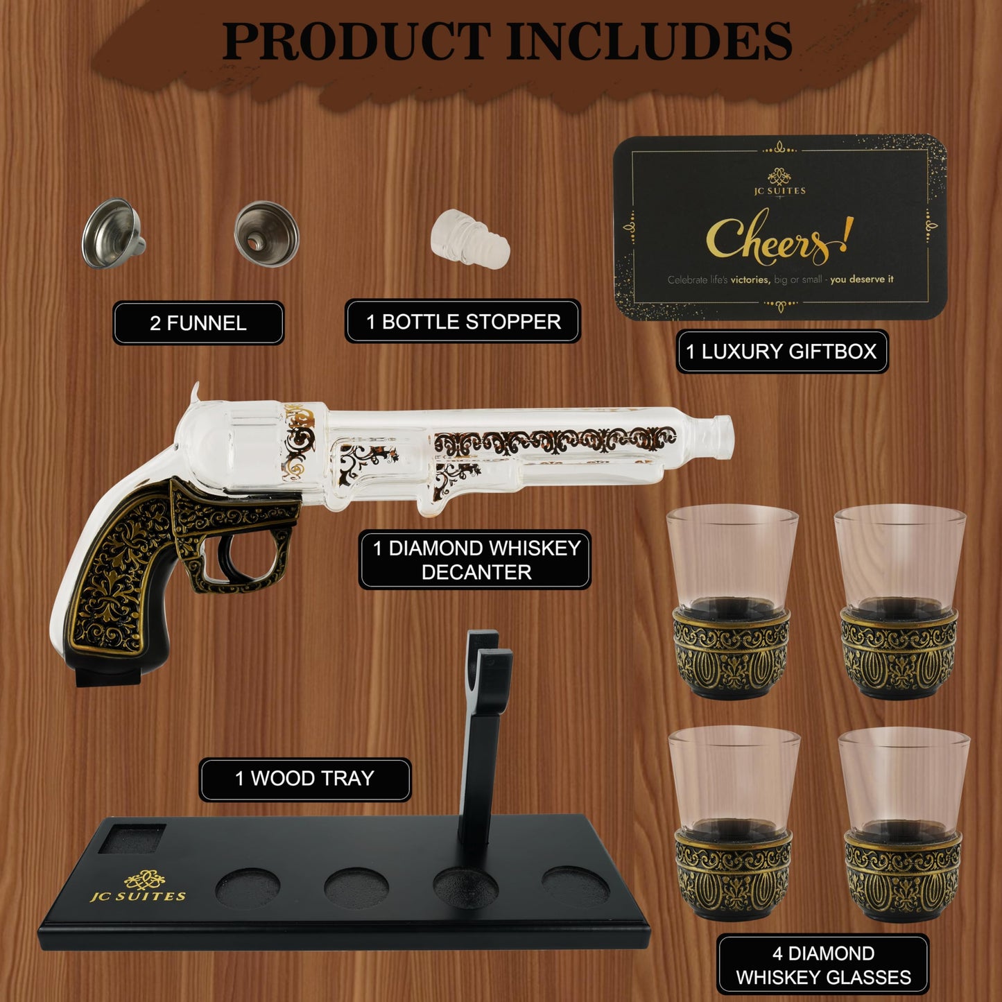 Luxury Gun Decanter with 4 Shot Glasses, Gift Box, & Funnel - Unique Whiskey Decanter Sets for Men & Women - Liquor Glass Gun Alcohol Bottle - Wine Tequila Decanter Set Gifts For Dad Gifts For Men