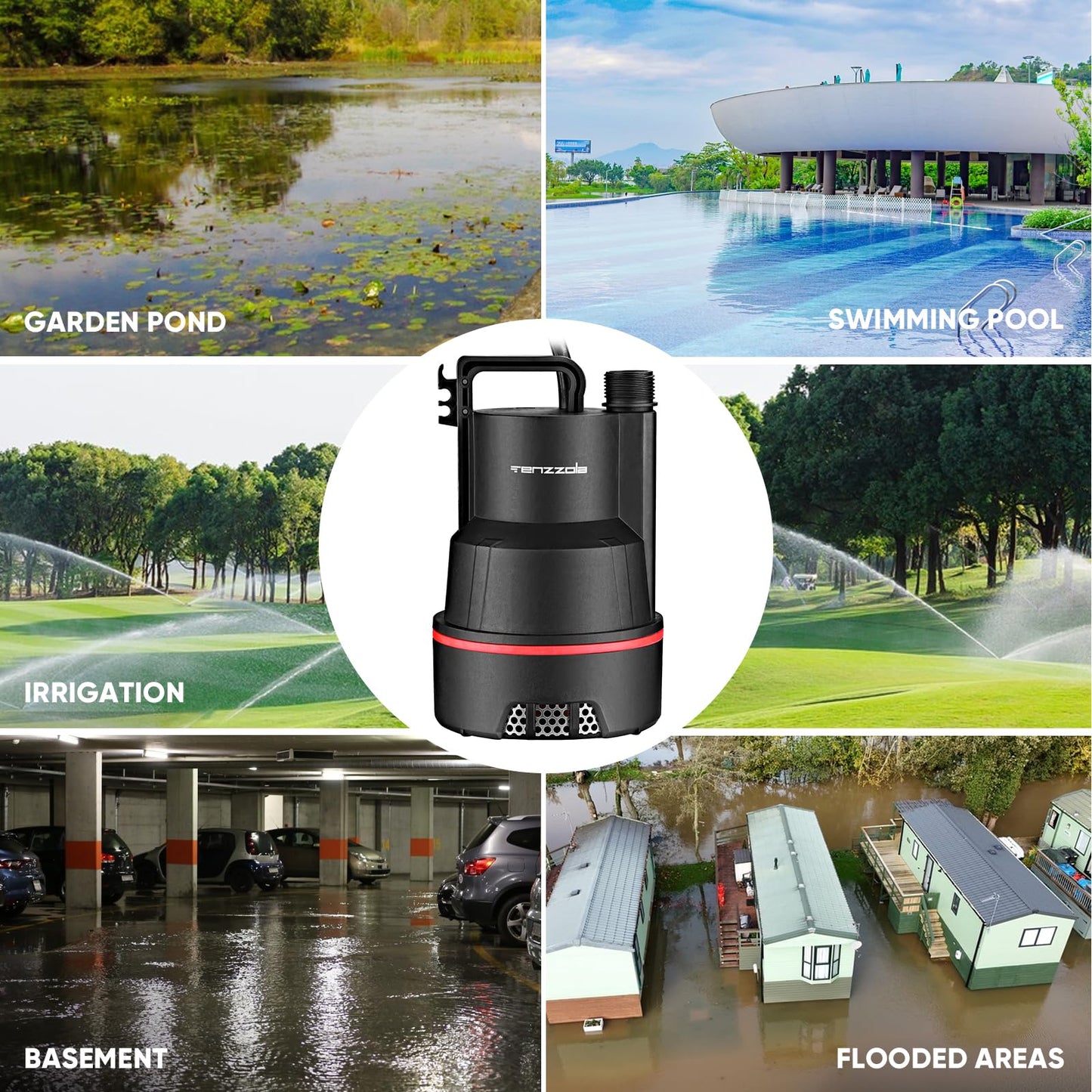 Tenzzola Sump Pump, 1/3 HP 2400GPH Submersible Utility Water Pump, Thermoplastic Portable Electric Water Removal Transfer Pump with 16.4FT Cord for Swimming Pool Basement Garden Pond Tubs Draining