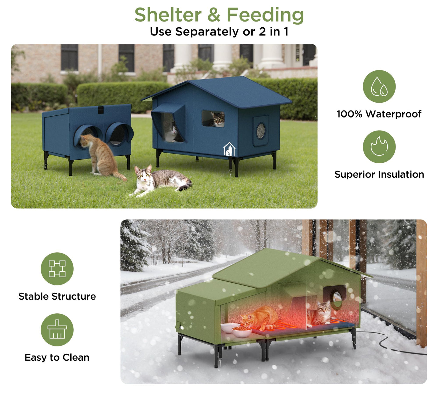 Extra-Wide Heated Cat House for Outdoor Use, Waterproof Insulated Shelter for Winter with Escape Exit, Spacious 23.5" × 21" × 16", Safe Heated Bed, Foldable, Connects to Feeding Station – Blue