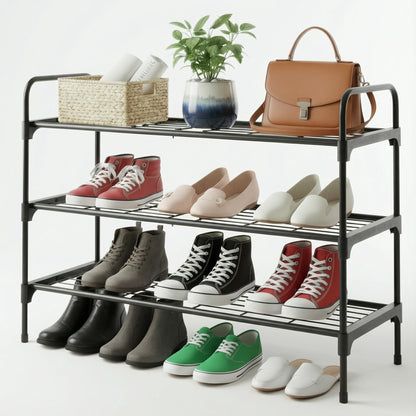 Tujurich 3-Tier Shoe Rack Organlzer, Rustproof lron, Spaclous Shoe Storage Shelf for Closet or Entryway, Fits Sneakers & Slippers, Black