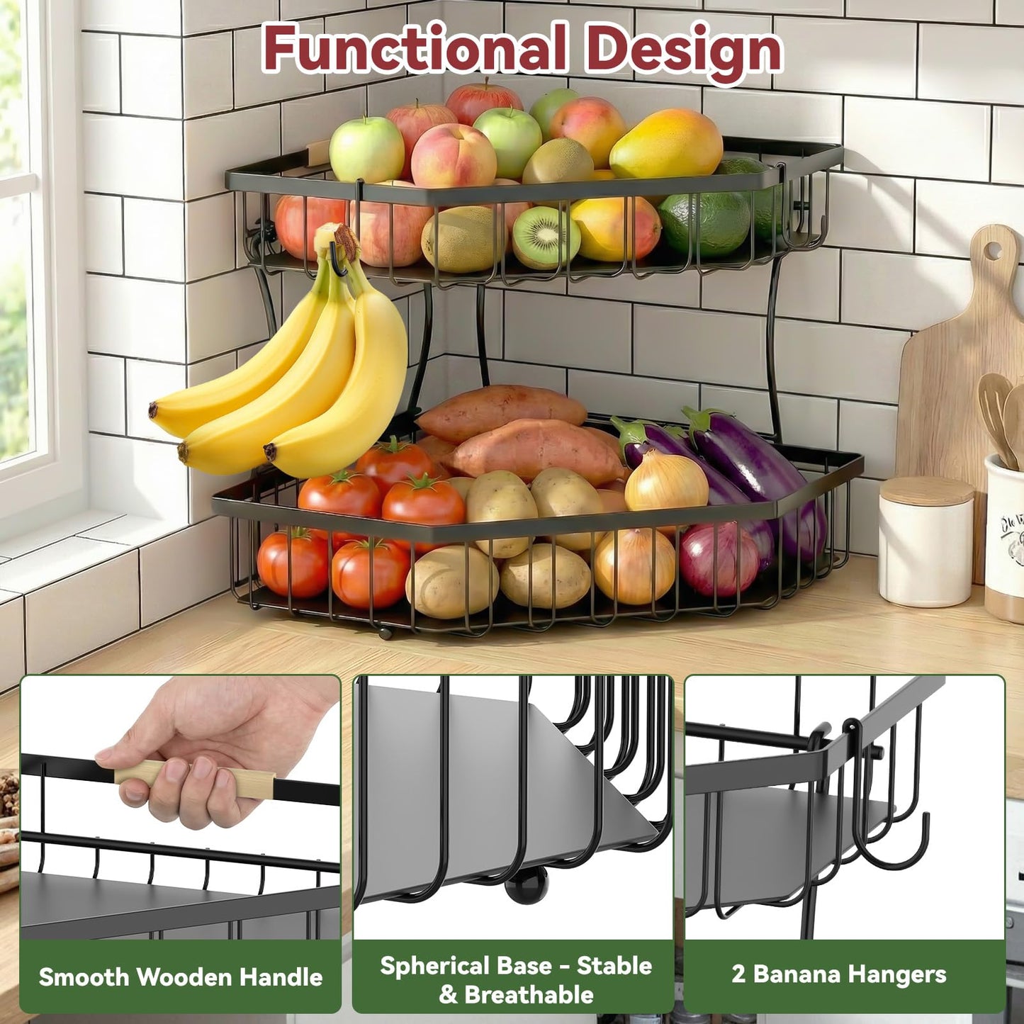 Tequie 2 Tier Fruit Basket for Kitchen Counter - Detachable Metal Fruit Bowl with 2 Banana Hangers for Corner , Large Capacity Fruit Stand with Wooden Handle for Bread Fruit and Vegetable Storage