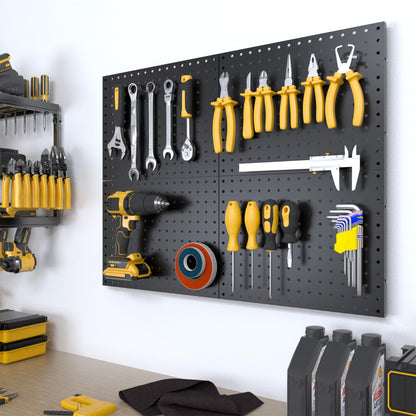 Spampur Peg Board, 4 Pack Metal Pegboard Panels with 50 Hooks, Black Pegboards Wall Organizer, Heavy Duty Peg Board for Walls Home, Garage Tool Storage, Office Organization, Craft Room, Kitchen