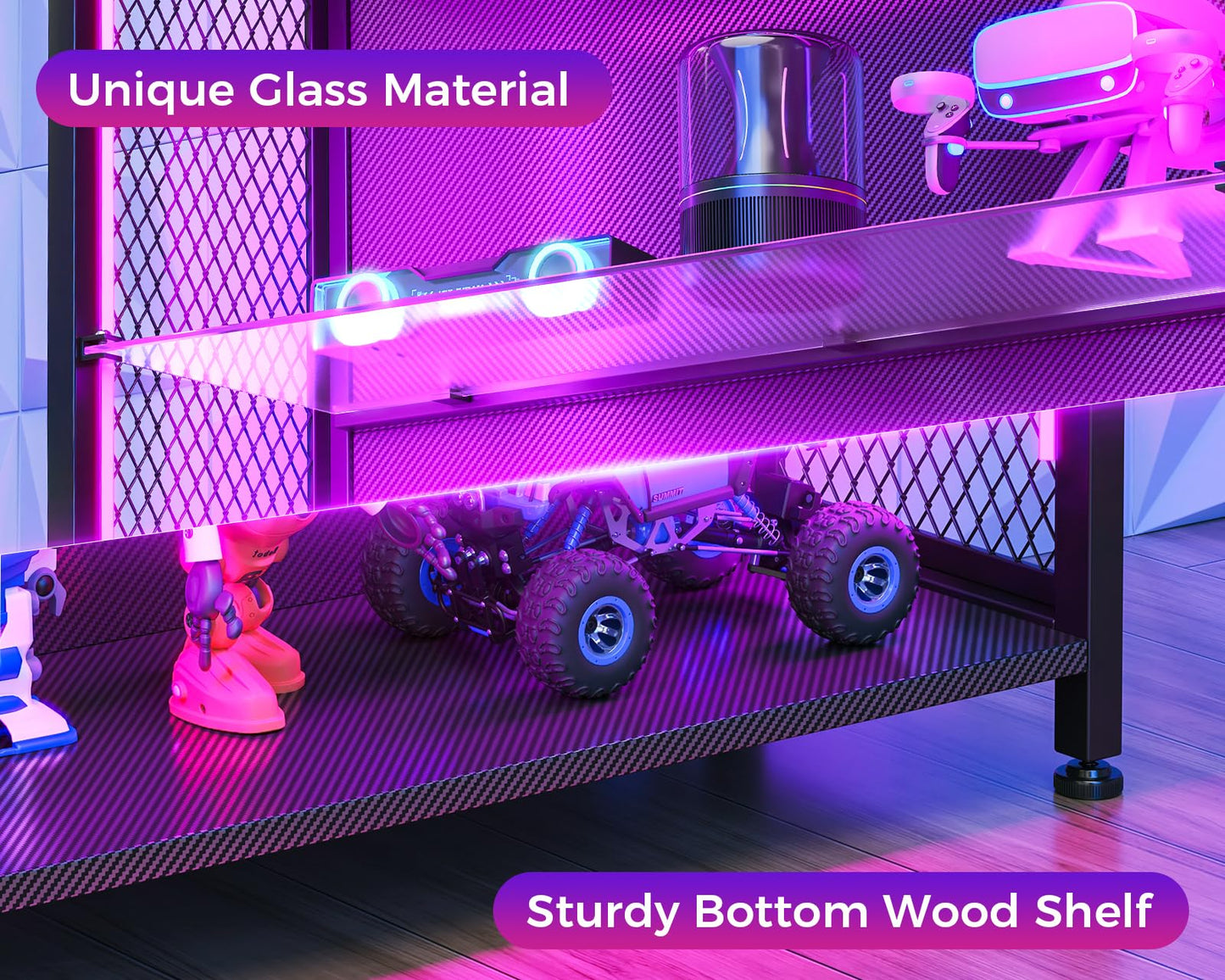 MOTPK Display Cabinet with LED Lights, Display Case with Glass Storage Shelves, 4-Tiers Curio Cabinet for Collectibles, Display Shelf Carbon Fiber Texture Black 32inch