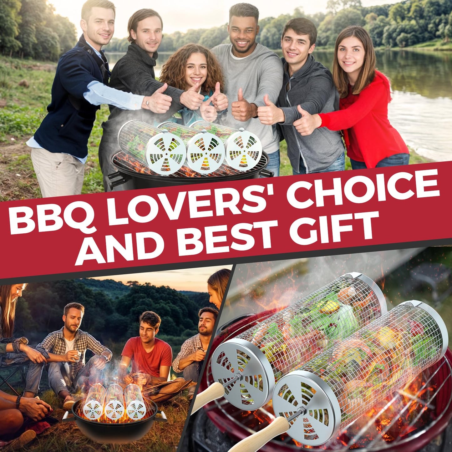 Rolling Grill Basket(2PCS), Removable Wooden Handle, 304 Stainless Steel, Grilling Accessories Tools for Vegetables Meat Food, Outdoor Camping Grilling, Birthday Gifts for Men Husband Men