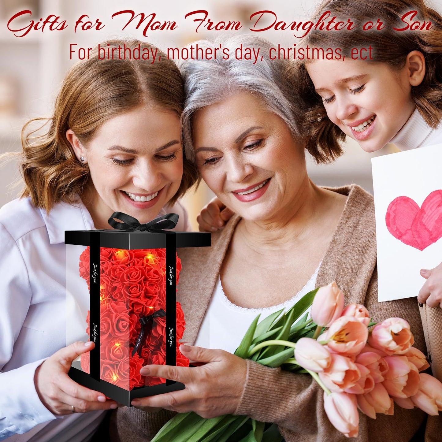 Otlonpe Cute Bear Rose Flower with Light | Women Gifts & Indoor Table Decorations for Christmas, Valentines, Mothers Day, Birthday, Anniversary | Handmade Gifts for Women Mom Wife Girlfriend (Red)