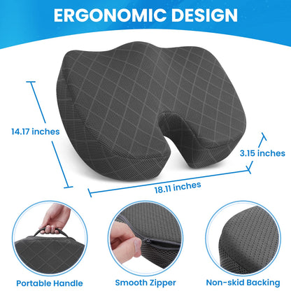 TushGuard Seat Cushion - Memory Foam Cushion for Office Chair, Car Seat, Airplane, Bleacher - Sciatica & Hip & Coccyx Pain Relief Desk Chair Cushion for Long Sitting Office Workers, Car Drivers