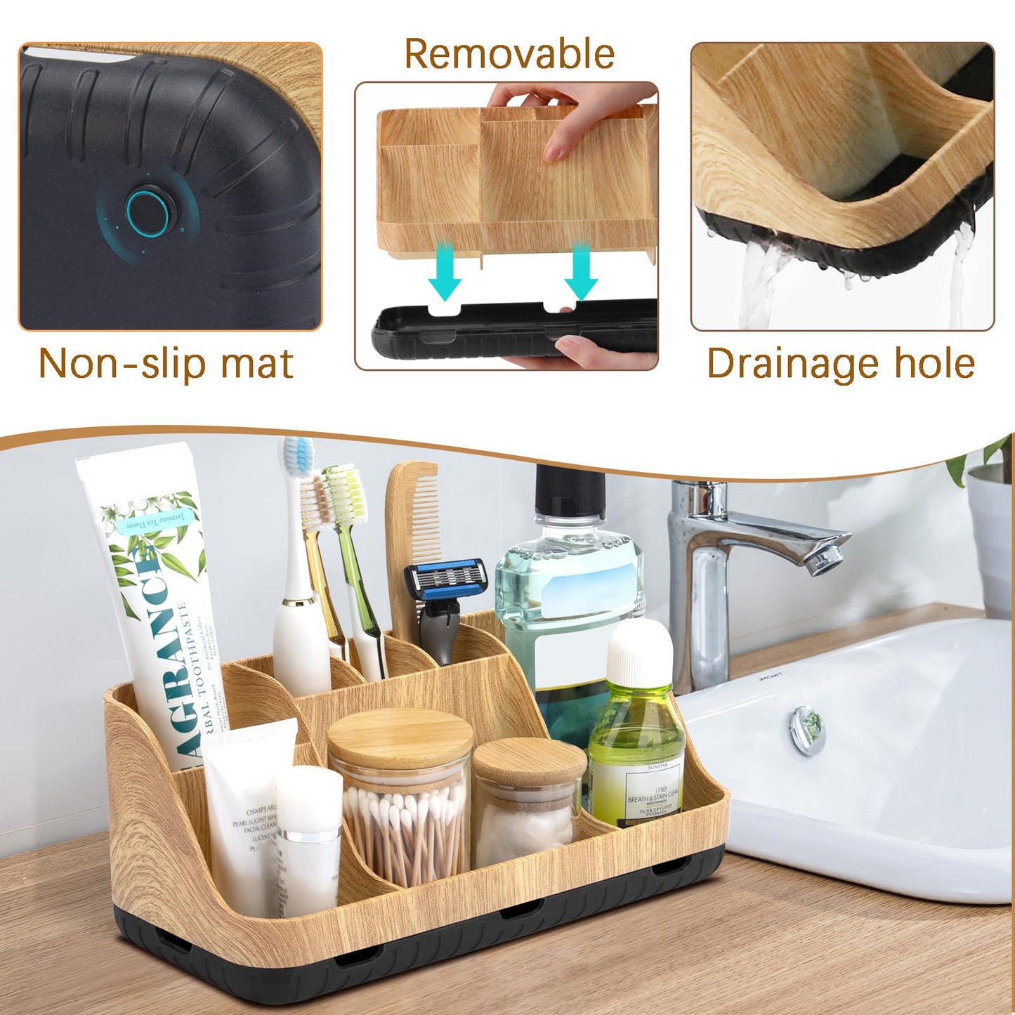 GFWARE Bathroom Organizers and Storage - Detachable 7 Slots Kids Electric Toothbrush and Toothpaste Holde Drainage for Bathroom Accessories Organization Counter Vanity Storage, Wood