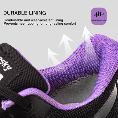 Treesky Non Slip Work Shoes for Women in Food Service - Slip Resistant, Comfortable & Lightweight Sneakers, Suitable for Restaurant, Kitchen & Nursing Crews (Black & Purple, Size 7)