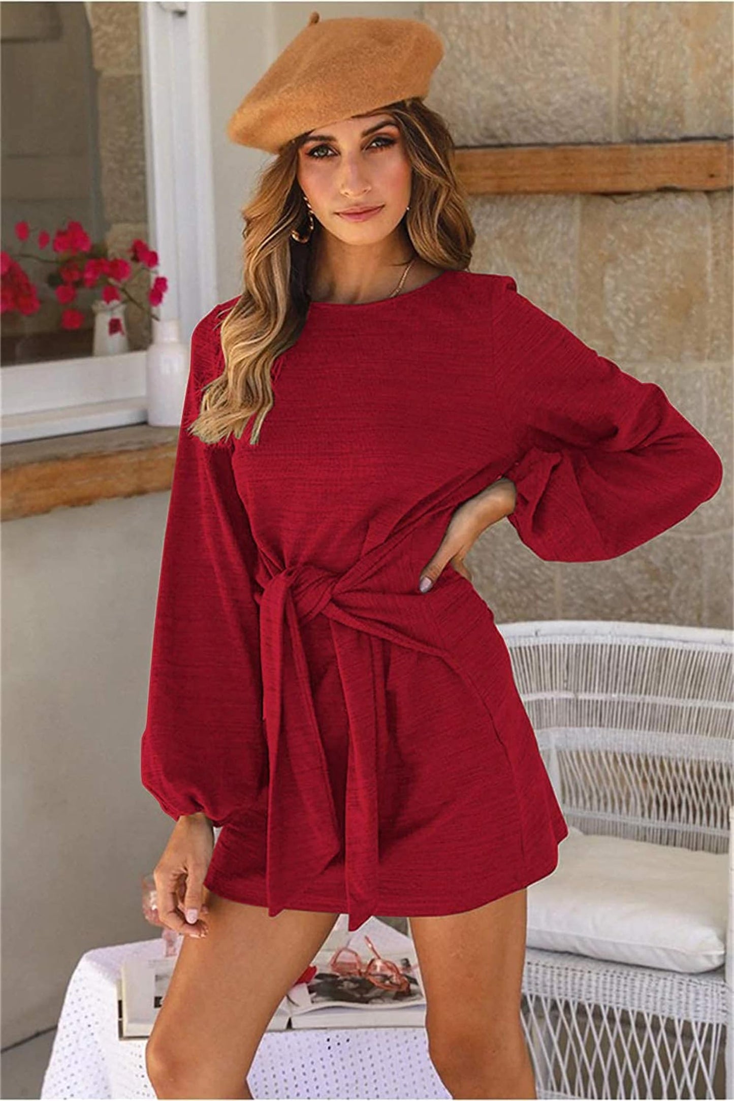 PRETTYGARDEN Women's Elegant Long Lantern Sleeve Short Dress Crewneck Tie Waist Knit Cocktail Dress (Red,Medium)