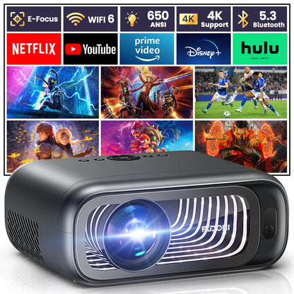 [Electric Focus/Auto Keystone] FUDONI Projector with WiFi 6 and Bluetooth Dual-way, 650ANSI Native 1080P 4K Support Outdoor Movie Projector Max 300'' Display, for iOS/Android/TV Stick/HDMI/USB/Laptop