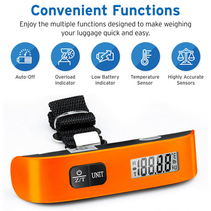 Etekcity Luggage Scale, Travel Essentials, Digital Weight Scales for Travel Accessories, Portable Handheld Scale with Temperature Sensor, Rubber Paint, 110 Pounds, Battery Included,Orange