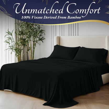 DECOLURE 100% Organic Viscose Derived from Bamboo Sheets Full Size 4pcs - Ultra Soft & Luxuriously Cooling, 17" Deep Pocket, Double Stitching, Perfect for Hot Sleepers - Full Bed Sheets (Black)