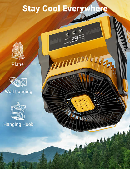 KopBeau Portable Camping Fan with Lights, 20000mAh Rechargeable Battery Operated Fan, Battery Powered Outdoor Beach Tent with 3 Speeds & Hook, Personal USB Table for Camping Accessories