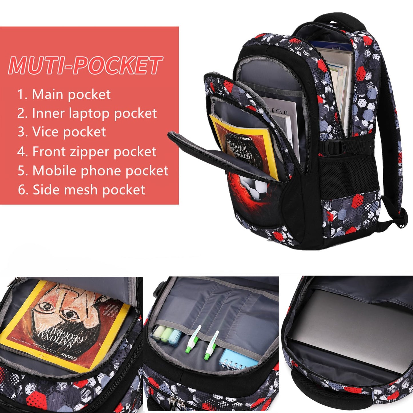 Yvechus Camo Backpack for Kids, Lightweight Camo Backpack Elementary Middle School Backpack Water Repellent Bookbag (Soccer Red 2 in 1)