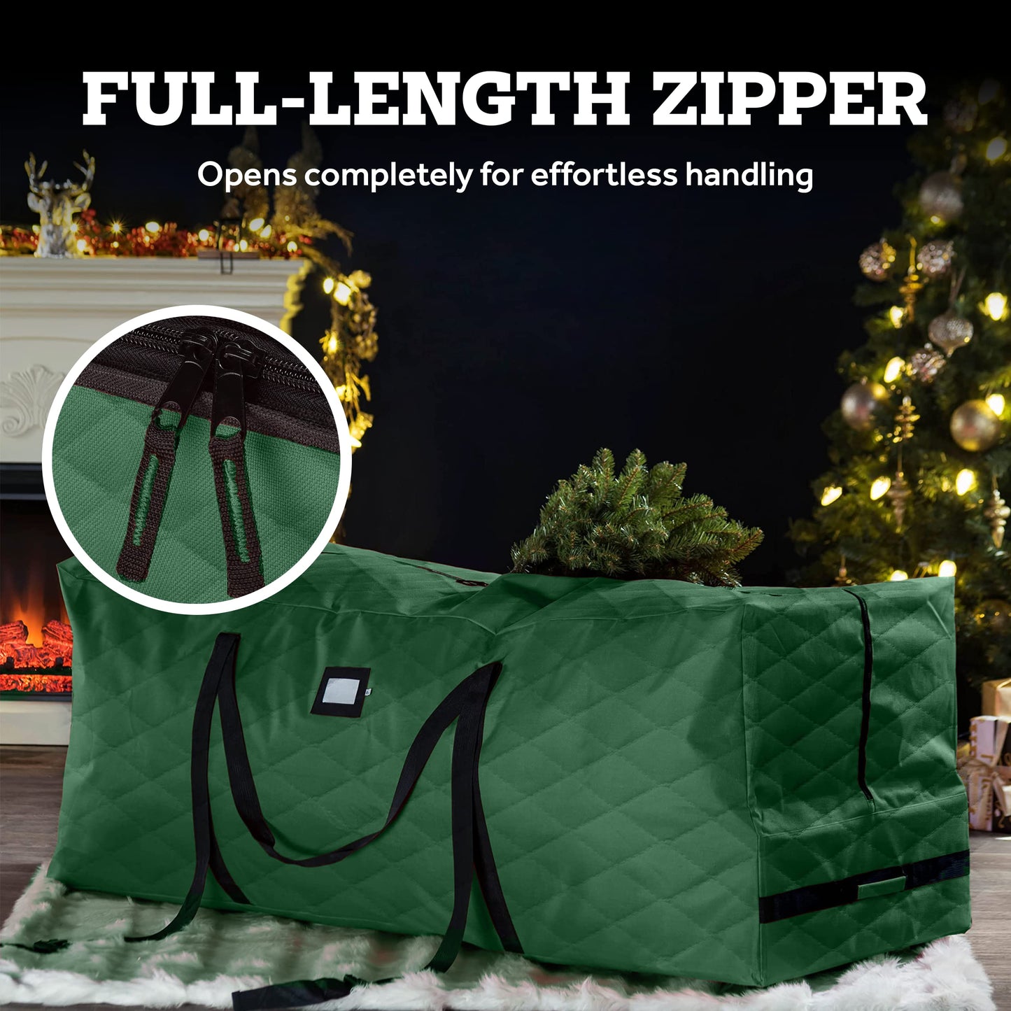 Zober Christmas Tree Storage Bag - Open Top, Quilted Christmas Tree Storage Box for Disassembled Trees up to 9 Feet with Carry Handles and Dual Zipper - 59x15x21.75 Inches, Green